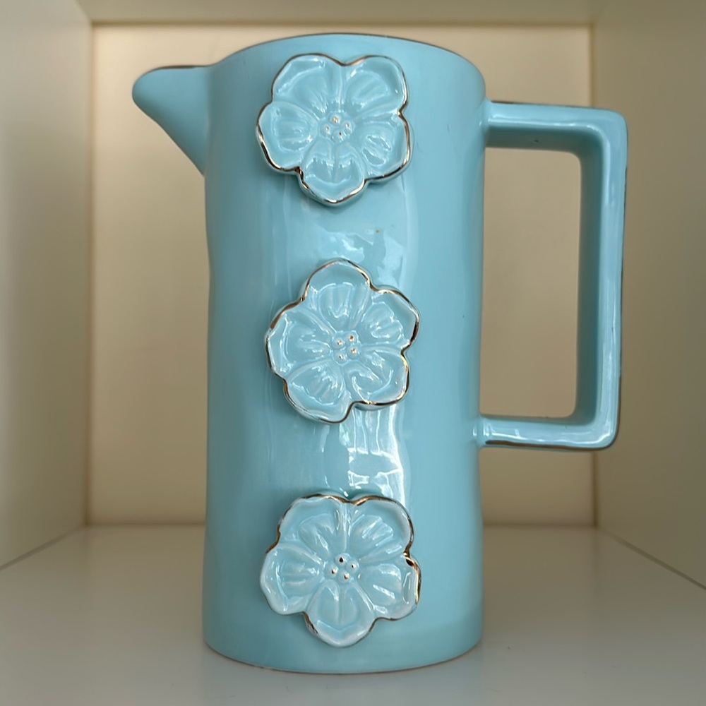 Floral Ceramic Pitcher, blue with gold accents